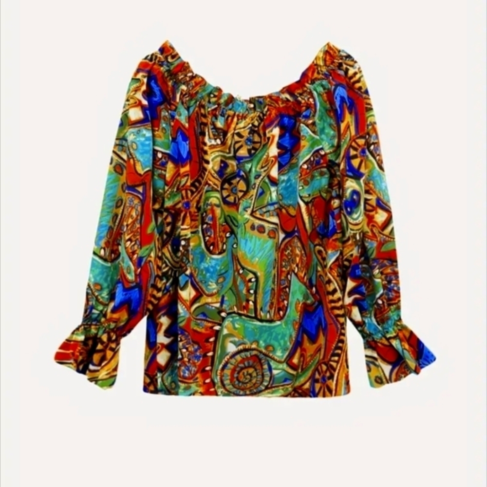 Boho Top earrings Set Bohemian Style fashion blouse Brown Red Orange Geometric - Picture 4 of 12